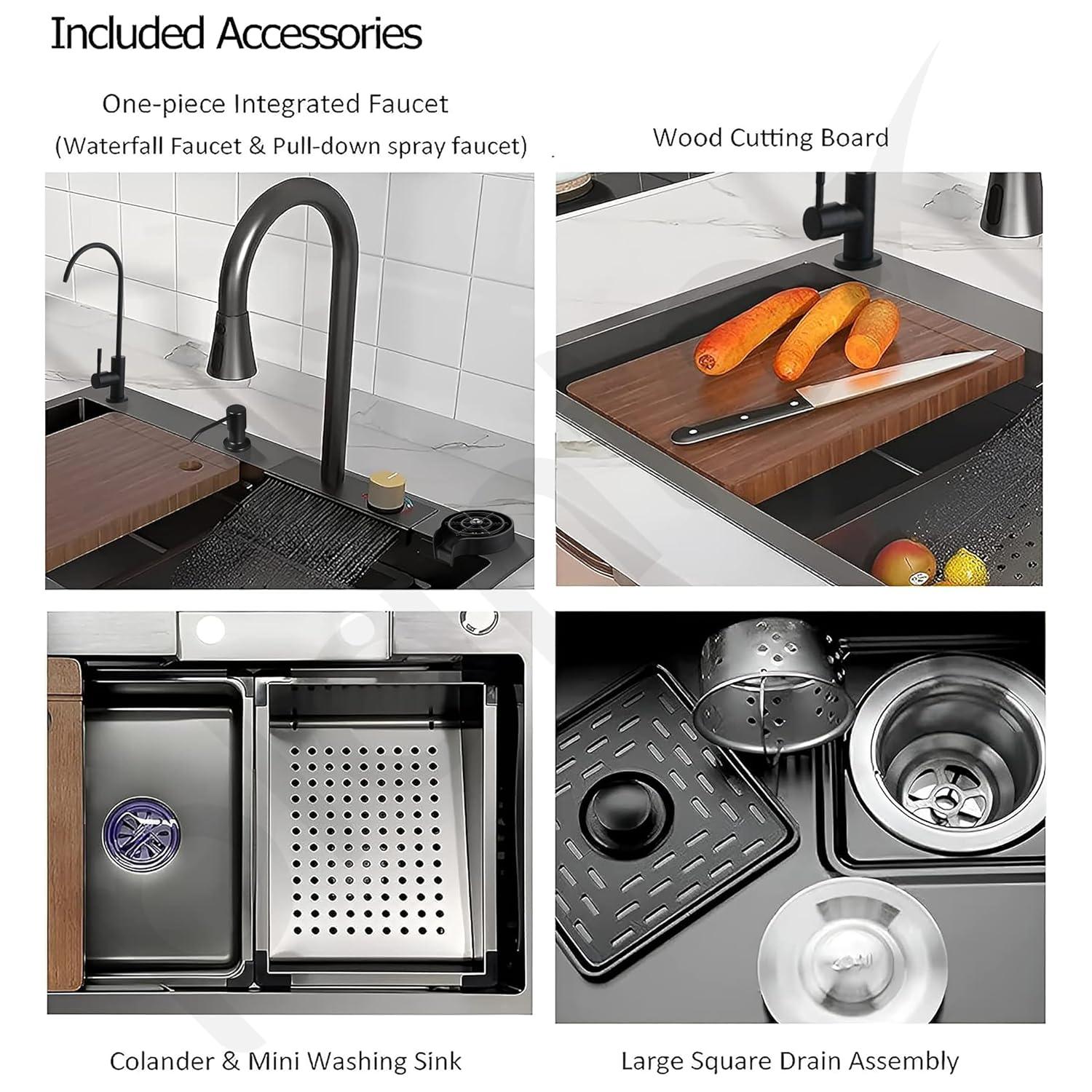 Kitchen Sink with ANTI SCRATCH DESIGN Integrated Waterfall and Pull - down Faucet Set Stainless Steel Sink with Cup washer, Drain Baskets & Chopping Board, Black, Mat Finish - Marcoware