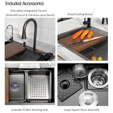 Kitchen Sink with ANTI SCRATCH DESIGN Integrated Waterfall and Pull - down Faucet Set Stainless Steel Sink with Cup washer, Drain Baskets & Chopping Board, Black, Mat Finish - Marcoware