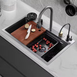 Kitchen Sink with ANTI SCRATCH DESIGN Integrated Waterfall and Pull - down Faucet Set Stainless Steel Sink with Cup washer, Drain Baskets & Chopping Board, Black, Mat Finish - Marcoware