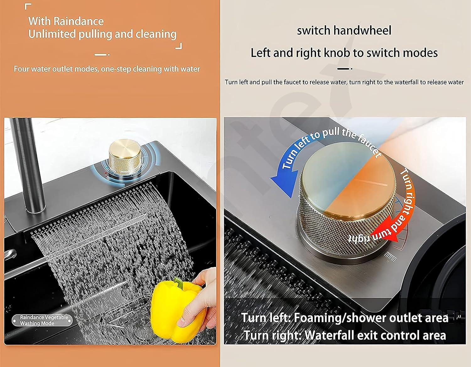 Kitchen Sink with ANTI SCRATCH DESIGN Integrated Waterfall and Pull - down Faucet Set Stainless Steel Sink with Cup washer, Drain Baskets & Chopping Board, Black, Mat Finish - Marcoware