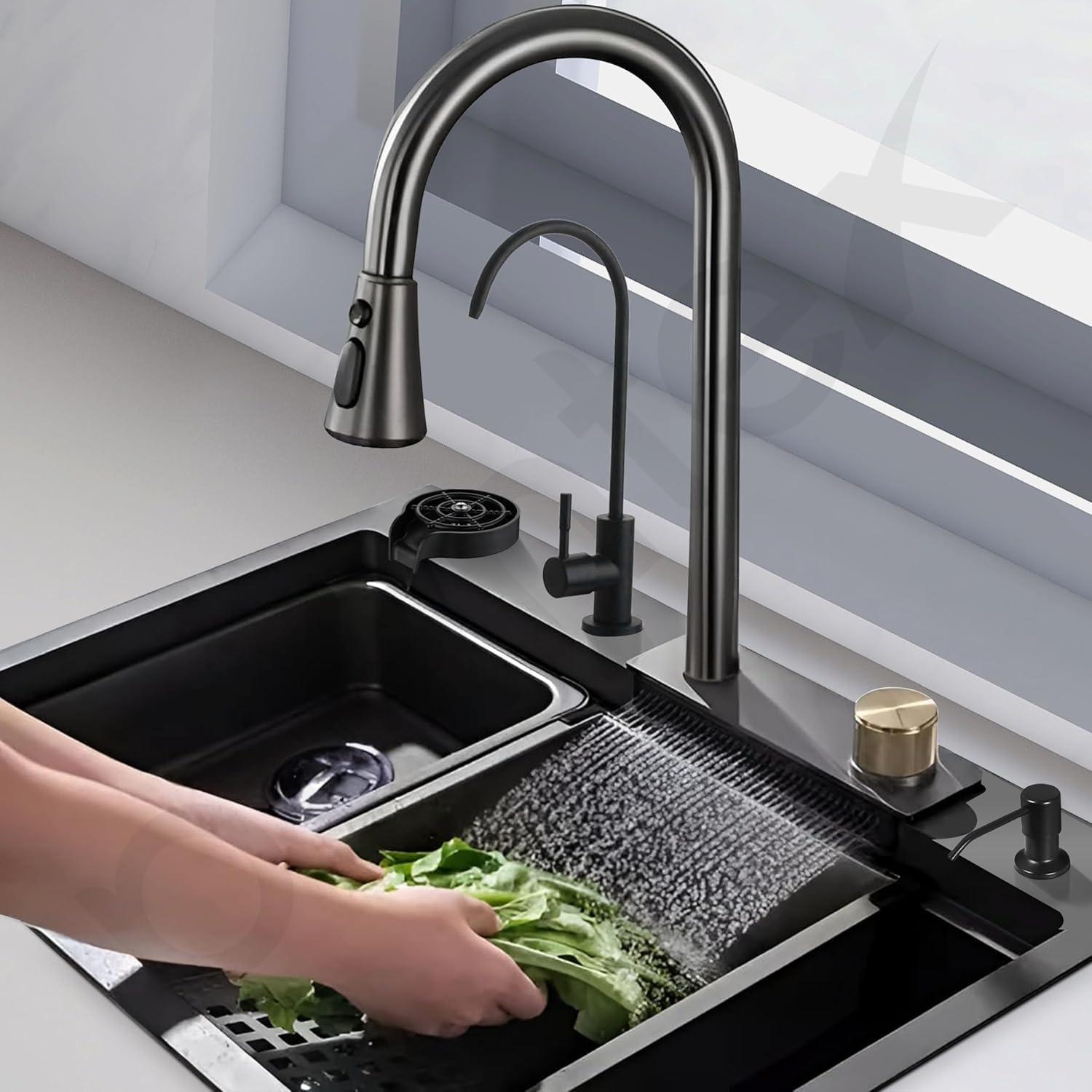 Kitchen Sink with ANTI SCRATCH DESIGN Integrated Waterfall and Pull - down Faucet Set Stainless Steel Sink with Cup washer, Drain Baskets & Chopping Board, Black, Mat Finish - Marcoware