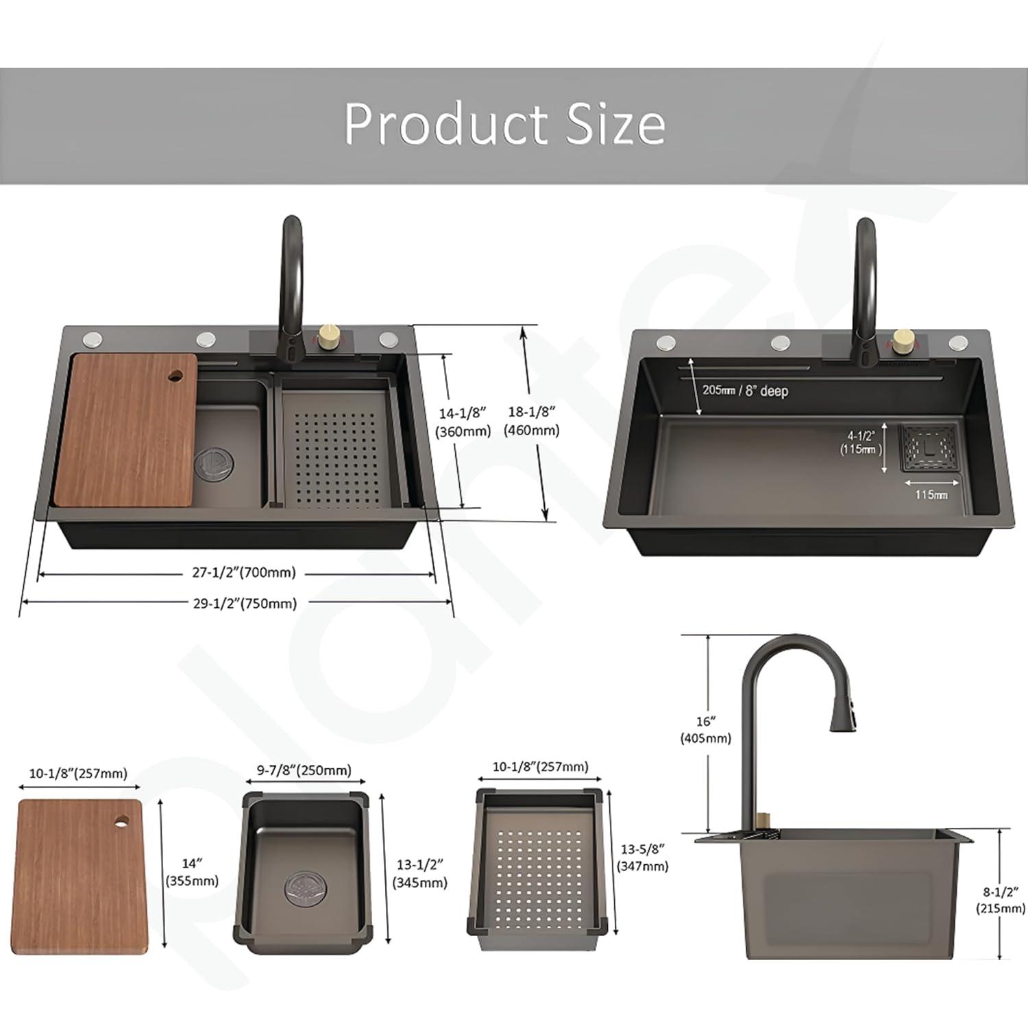 Kitchen Sink with ANTI SCRATCH DESIGN Integrated Waterfall and Pull - down Faucet Set Stainless Steel Sink with Cup washer, Drain Baskets & Chopping Board, Black, Mat Finish - Marcoware