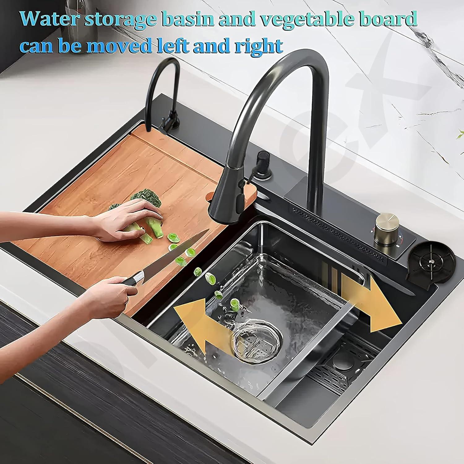 Kitchen Sink with ANTI SCRATCH DESIGN Integrated Waterfall and Pull - down Faucet Set Stainless Steel Sink with Cup washer, Drain Baskets & Chopping Board, Black, Mat Finish - Marcoware