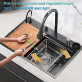 Kitchen Sink with ANTI SCRATCH DESIGN Integrated Waterfall and Pull - down Faucet Set Stainless Steel Sink with Cup washer, Drain Baskets & Chopping Board, Black, Mat Finish - Marcoware