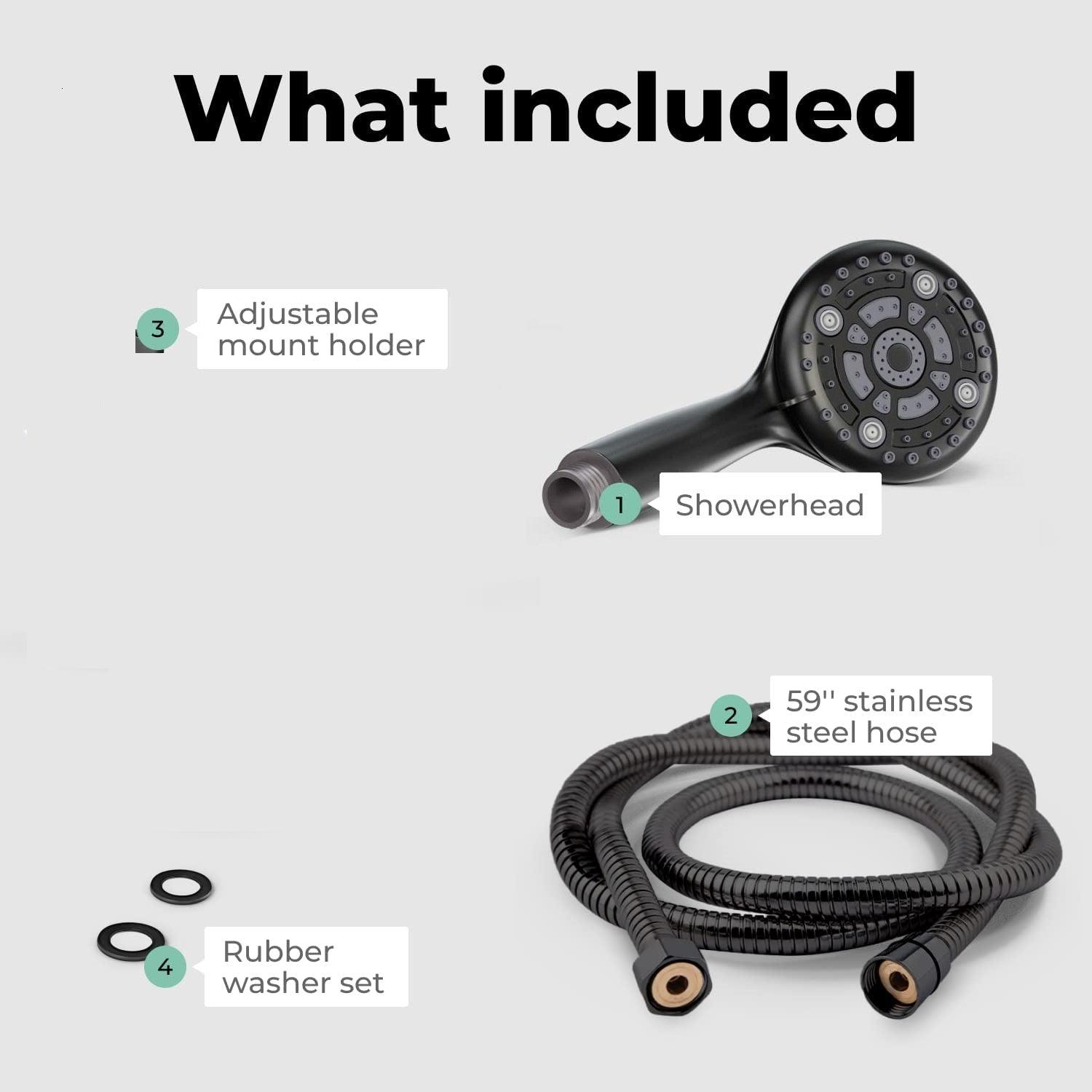 Multi function Hand Shower with Mist, Power Massage & Rain Functions with Hose & Wall Hook, Black - Marcoware