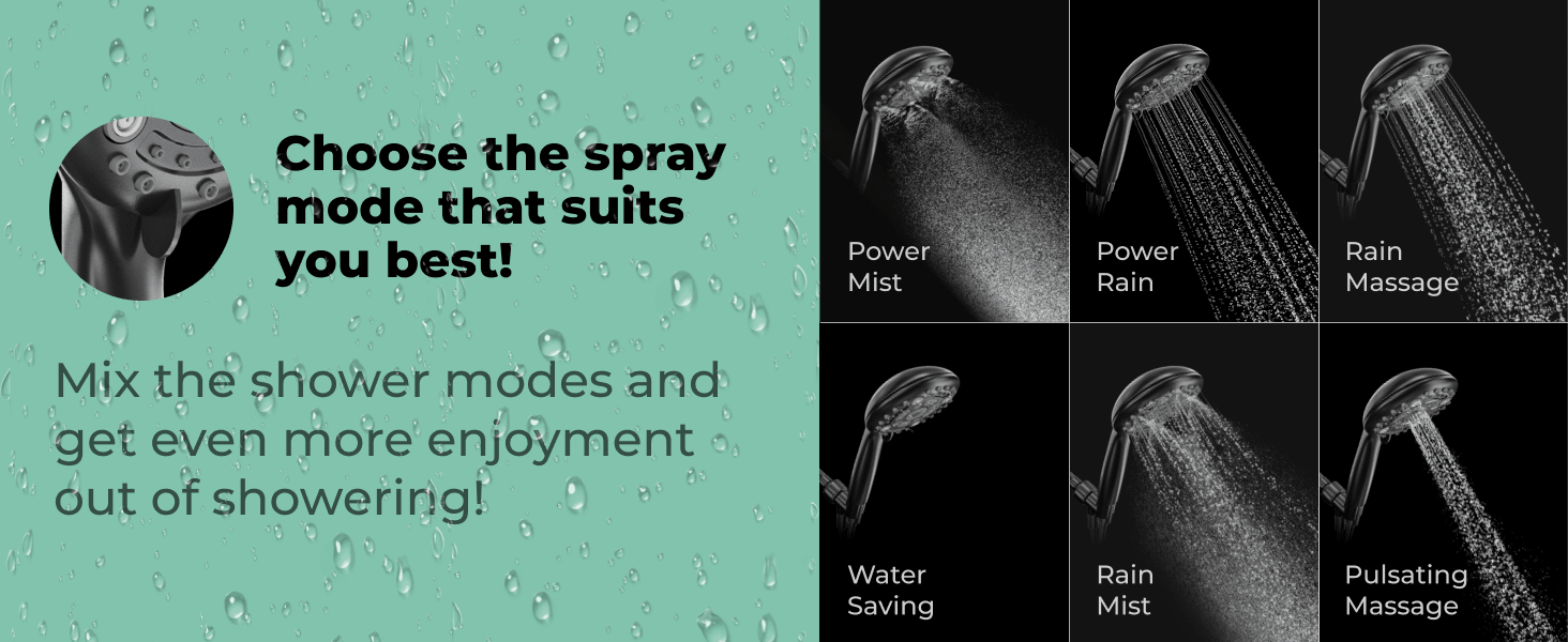 Multi function Hand Shower with Mist, Power Massage & Rain Functions with Hose & Wall Hook, Black - Marcoware