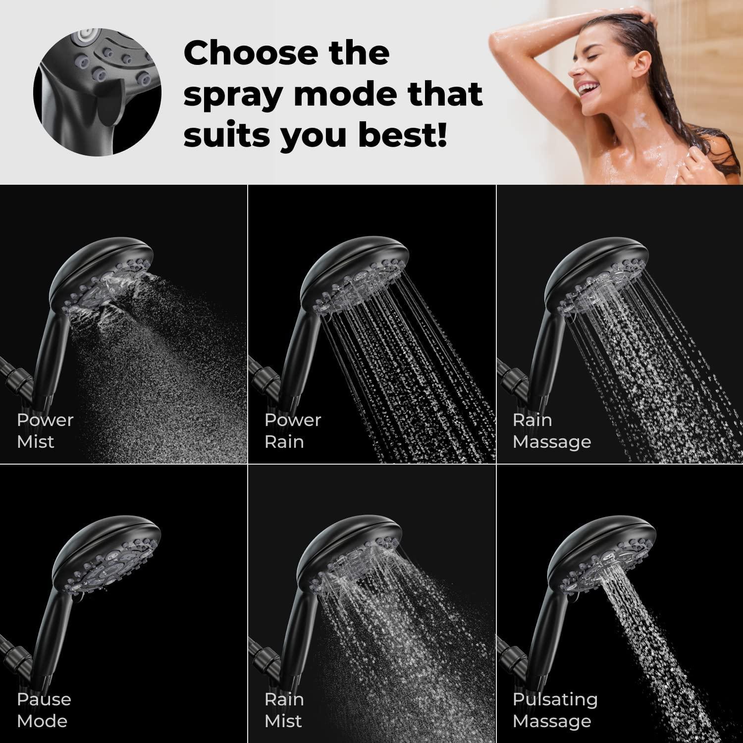 Multi function Hand Shower with Mist, Power Massage & Rain Functions with Hose & Wall Hook, Black - Marcoware