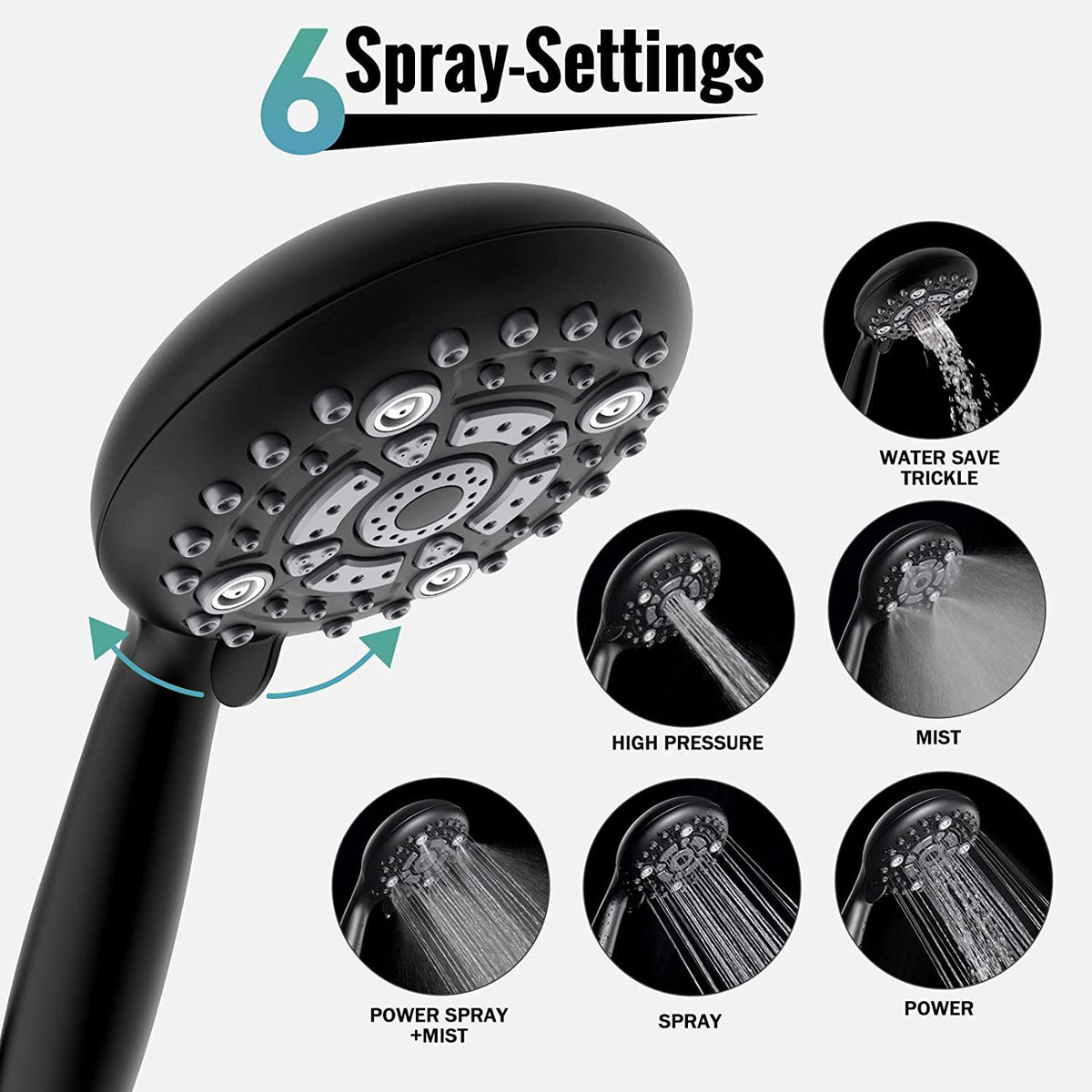 Multi function Hand Shower with Mist, Power Massage & Rain Functions with Hose & Wall Hook, Black - Marcoware