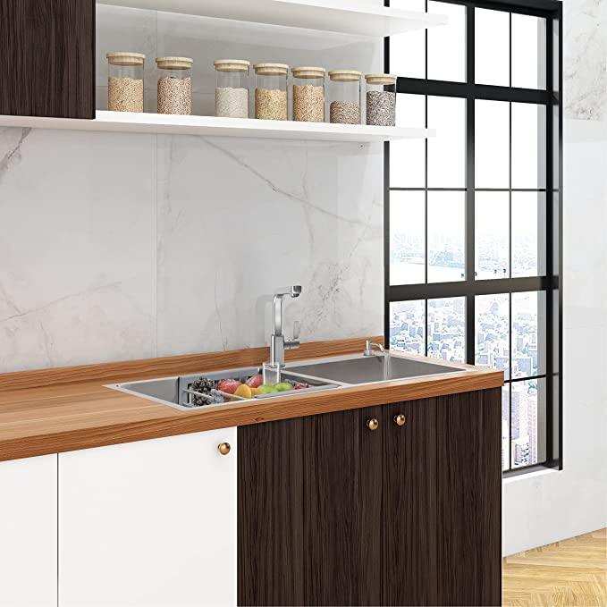 Stainless Steel Double Bowl Handmade Kitchen Sink with Tap Hole, Satin Finish - Marcoware
